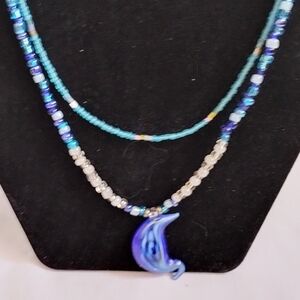 Ocean Blue Handmade Beaded Necklaces Set Of Two Lobster Claw Clasp Glass Coastal